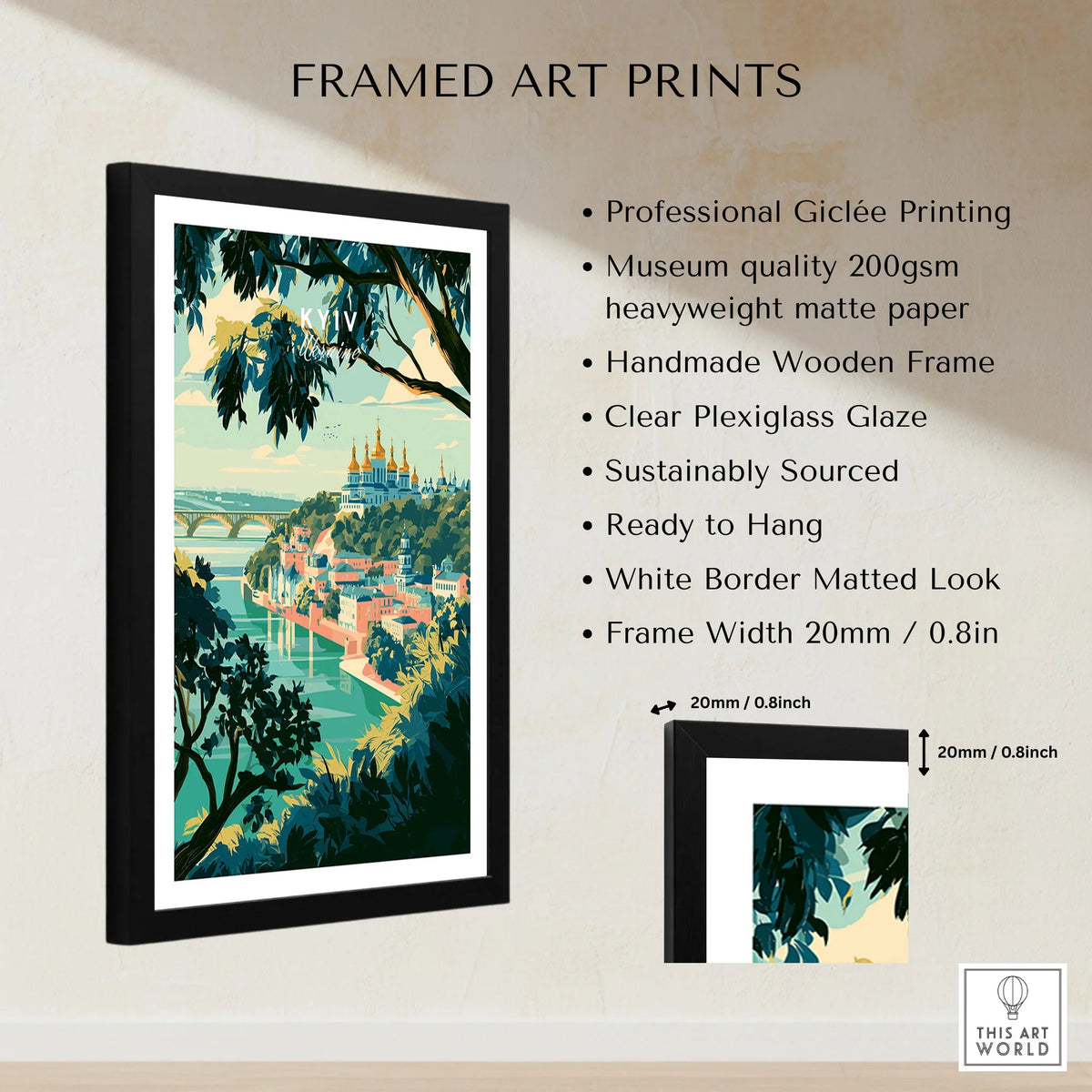Kyiv Ukraine Golden Domes Travel Poster — golden domes on a wooded bluff above the Dnipro river, shown as framed print details measurements quality details