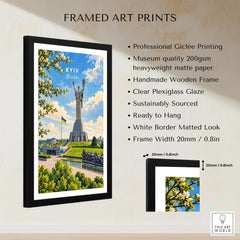 Kyiv Ukraine Motherland Monument Travel Poster — the Motherland Monument under spring blossom with the Ukrainian flag flying, shown as framed print details measurements quality details