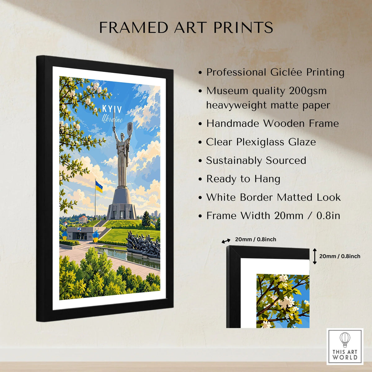 Kyiv Ukraine Motherland Monument Travel Poster — the Motherland Monument under spring blossom with the Ukrainian flag flying, shown as framed print details measurements quality details