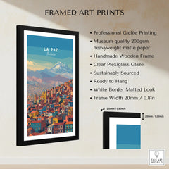 La Paz Bolivia Andes Mountain City Print - Travel Poster framed print specifications: handmade wooden frame, clear plexiglass glaze, 20mm frame width, ready to hang