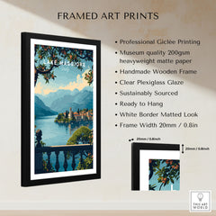 Lake Maggiore Travel Poster framed print specifications: handmade wooden frame, clear plexiglass glaze, 20mm frame width, ready to hang