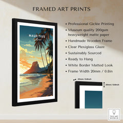 Mauritius Le Morne Poster framed print specifications: handmade wooden frame, clear plexiglass glaze, 20mm frame width, ready to hang