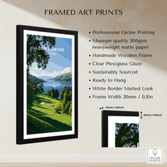 Loch Lomond Scotland Summer Shore Travel Poster — a sunlit grassy shoreline running down to Loch Lomond under old oaks, shown as framed print details measurements quality details