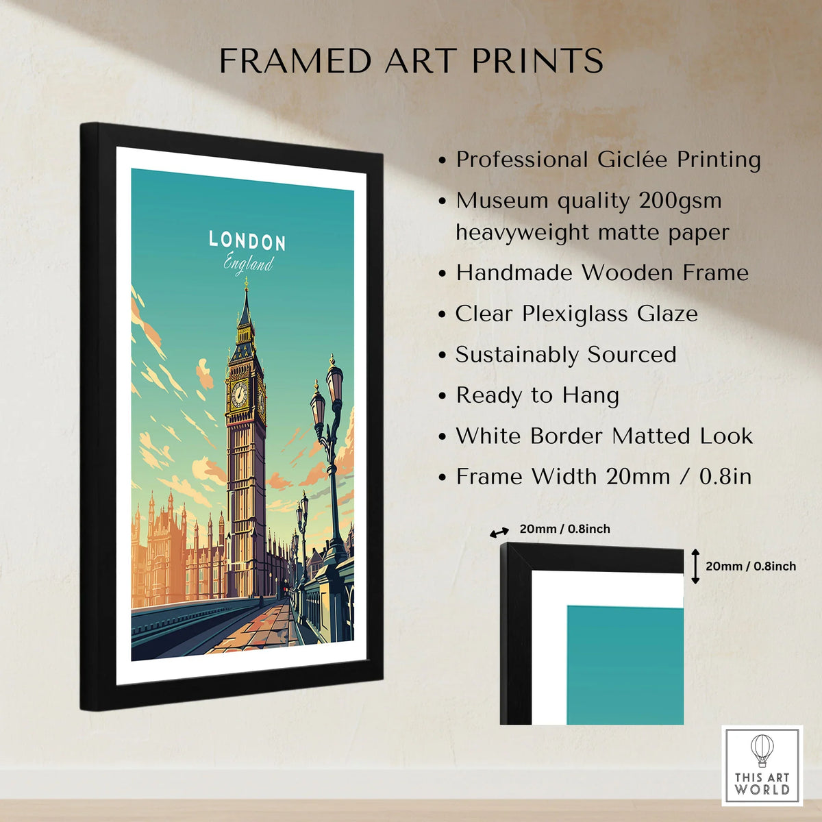 London Poster Big Ben framed print specifications: handmade wooden frame, clear plexiglass glaze, 20mm frame width, ready to hang