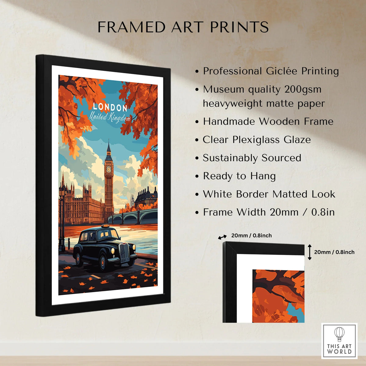 London Wall Art framed print specifications: handmade wooden frame, clear plexiglass glaze, 20mm frame width, ready to hang