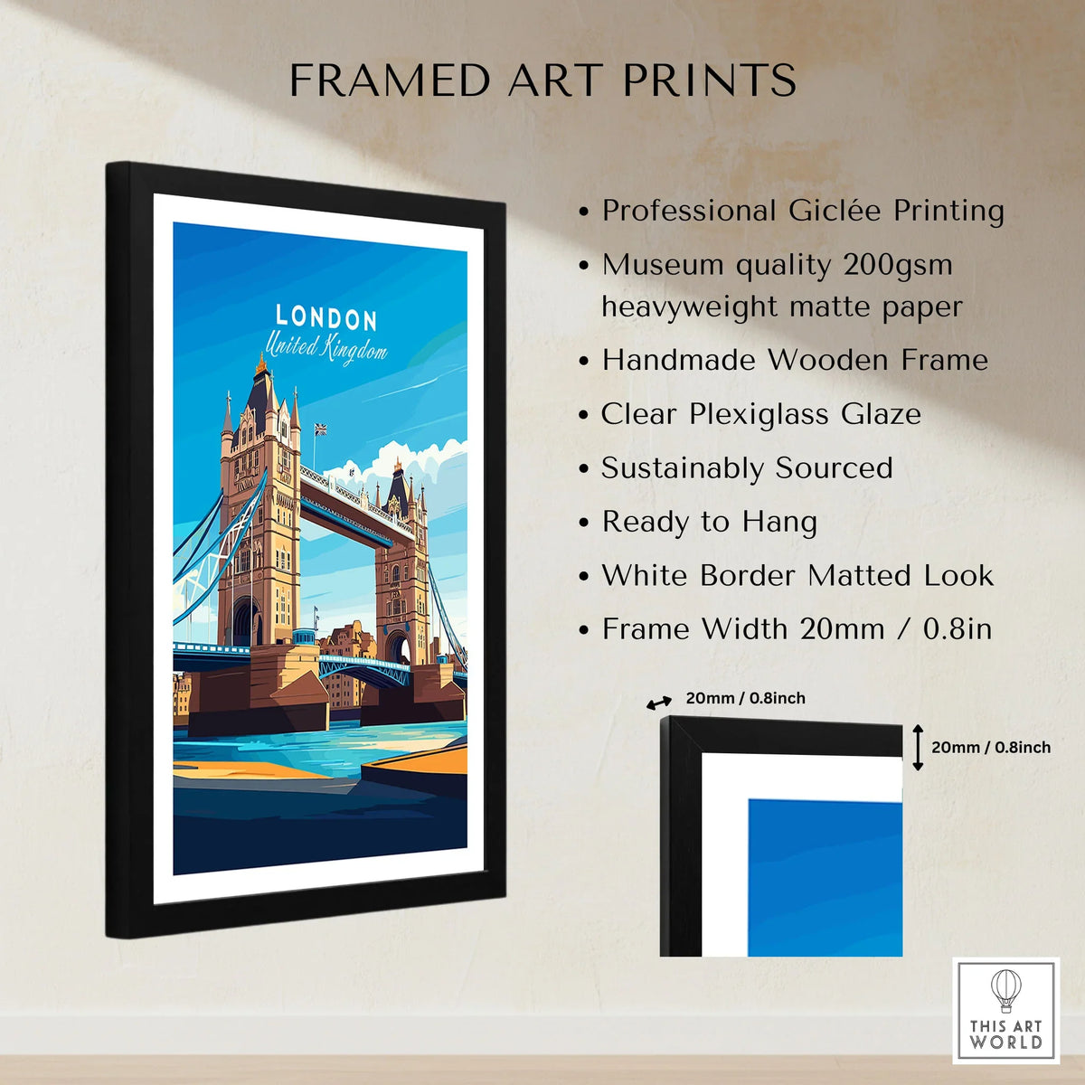 London Print England framed print specifications: handmade wooden frame, clear plexiglass glaze, 20mm frame width, ready to hang