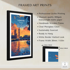 London Skyline Art | Big Ben & Houses of Parliament Print framed print specifications: handmade wooden frame, clear plexiglass glaze, 20mm frame width, ready to hang