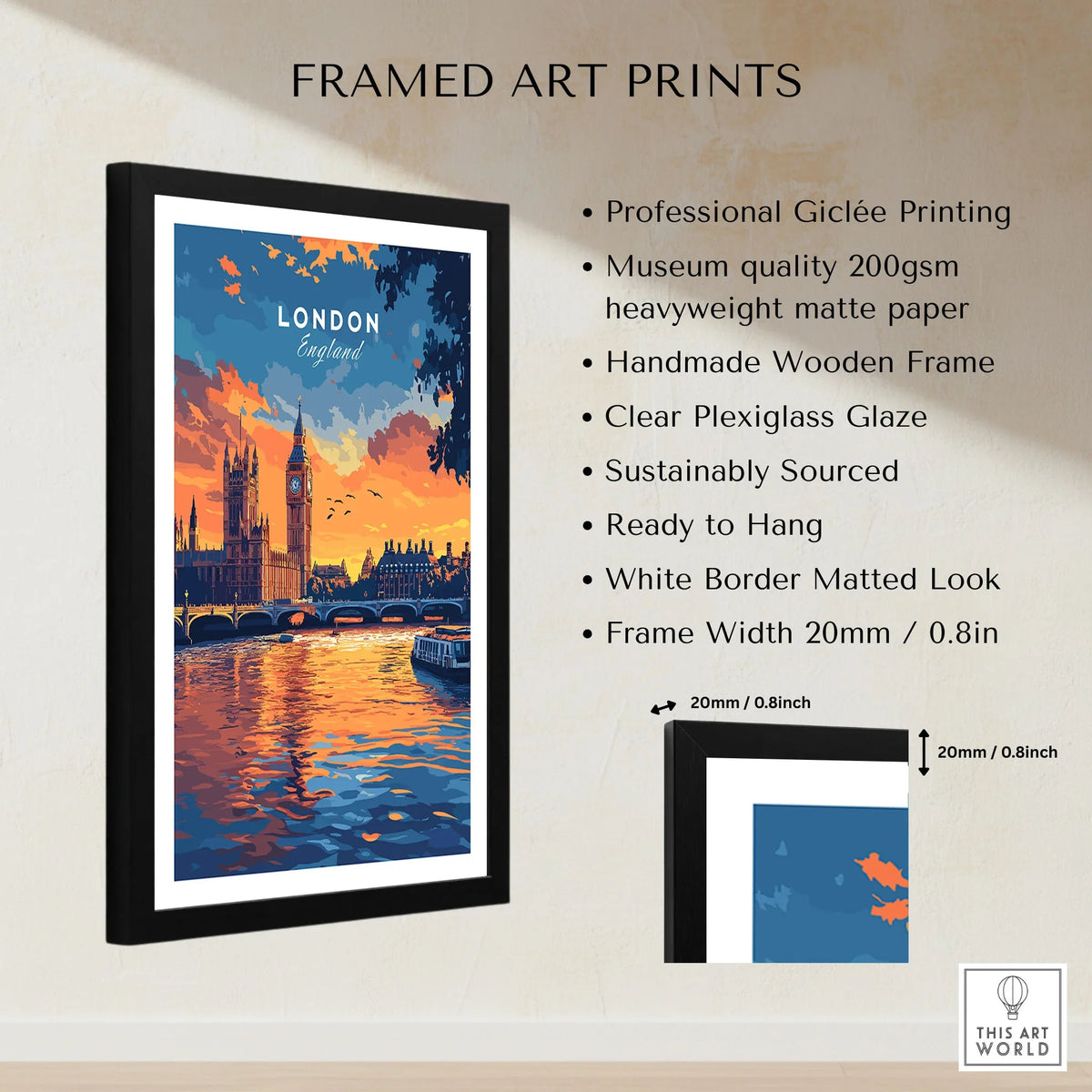 London Skyline Art | Big Ben & Houses of Parliament Print framed print specifications: handmade wooden frame, clear plexiglass glaze, 20mm frame width, ready to hang