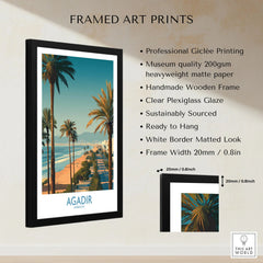 Agadir Morocco Wall Art Canvas framed print specifications: handmade wooden frame, clear plexiglass glaze, 20mm frame width, ready to hang