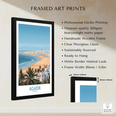 Agadir Morocco Print – Panoramic Beach and Palm Tree Wall Decor framed print specifications: handmade wooden frame, clear plexiglass glaze, 20mm frame width, ready to hang