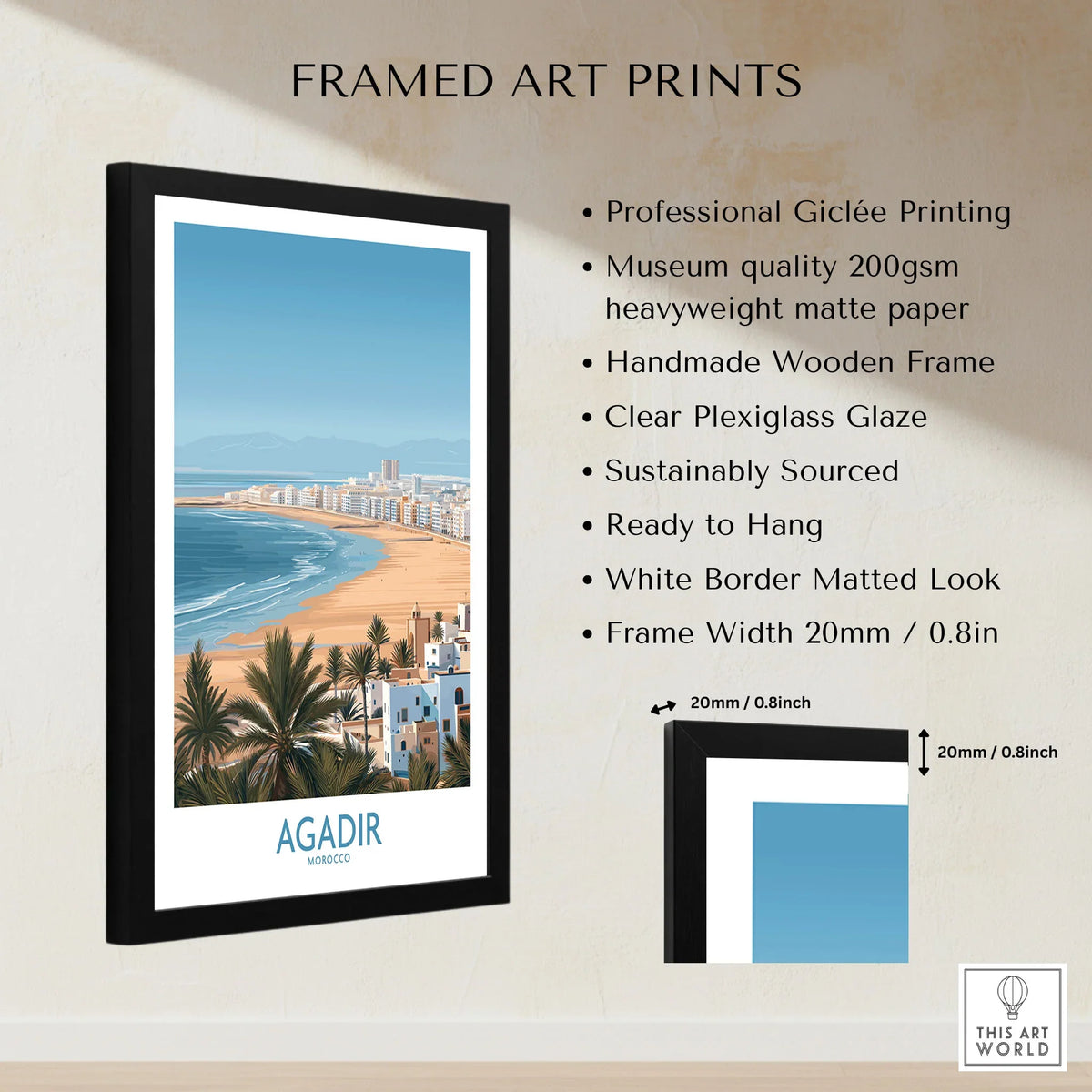 Agadir Morocco Print – Panoramic Beach and Palm Tree Wall Decor framed print specifications: handmade wooden frame, clear plexiglass glaze, 20mm frame width, ready to hang