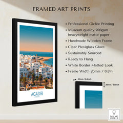 Agadir Morocco Wall Art – Mediterranean Canvas Art framed print specifications: handmade wooden frame, clear plexiglass glaze, 20mm frame width, ready to hang