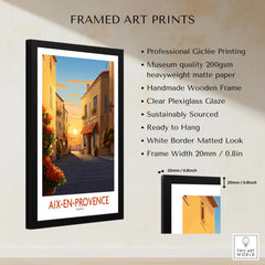 Aix-en-Provence Wall Art framed print specifications: handmade wooden frame, clear plexiglass glaze, 20mm frame width, ready to hang