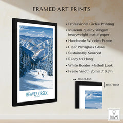 Beaver Creek Colorado Winter Wonderland Wall Art - Group Skiing Landscape framed print specifications: handmade wooden frame, clear plexiglass glaze, 20mm frame width, ready to hang