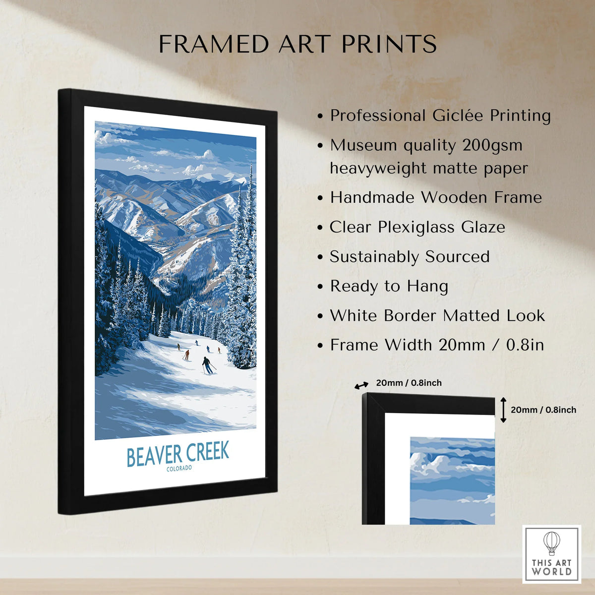 Beaver Creek Colorado Winter Wonderland Wall Art - Group Skiing Landscape framed print specifications: handmade wooden frame, clear plexiglass glaze, 20mm frame width, ready to hang