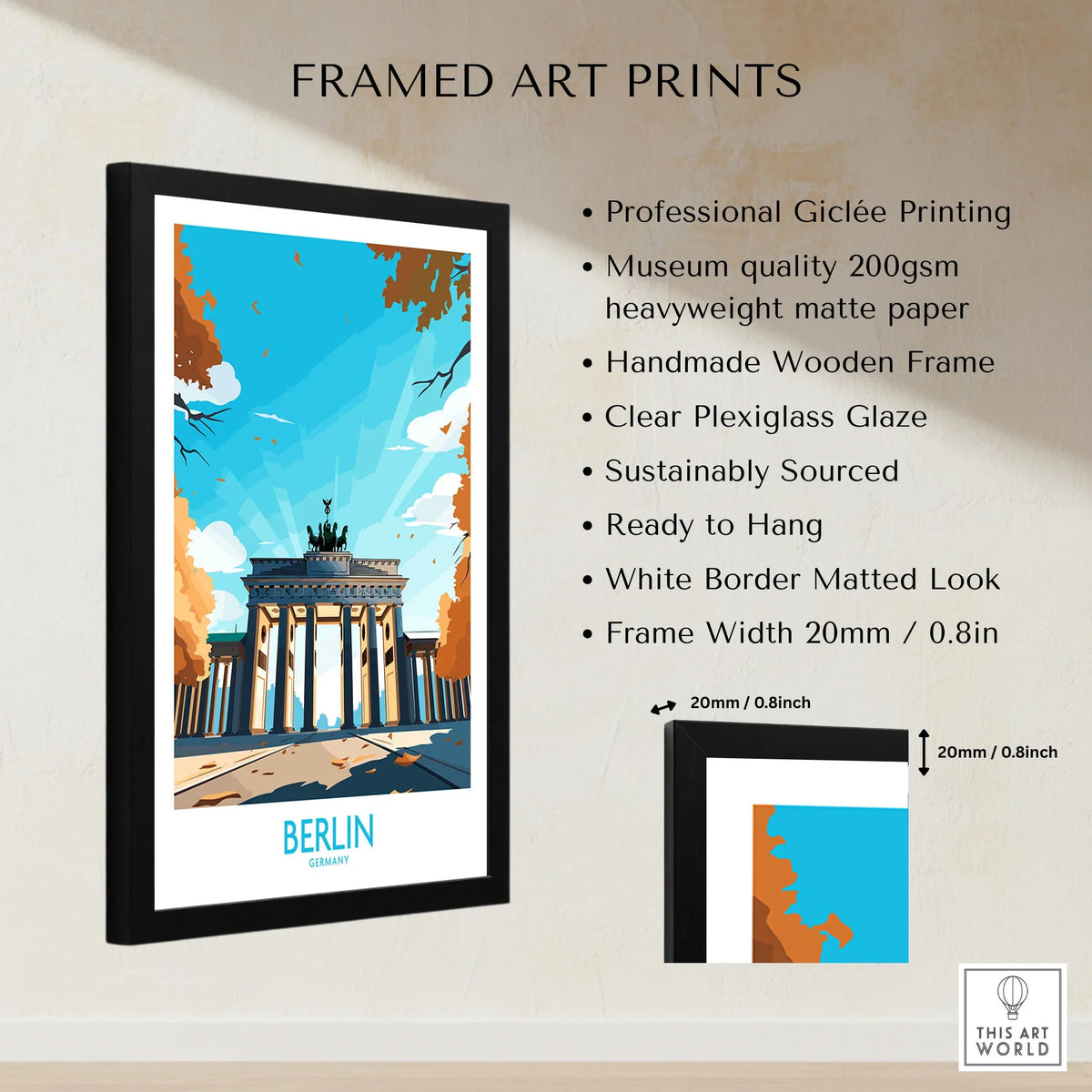 Berlin Wall Art Modern framed print specifications: handmade wooden frame, clear plexiglass glaze, 20mm frame width, ready to hang