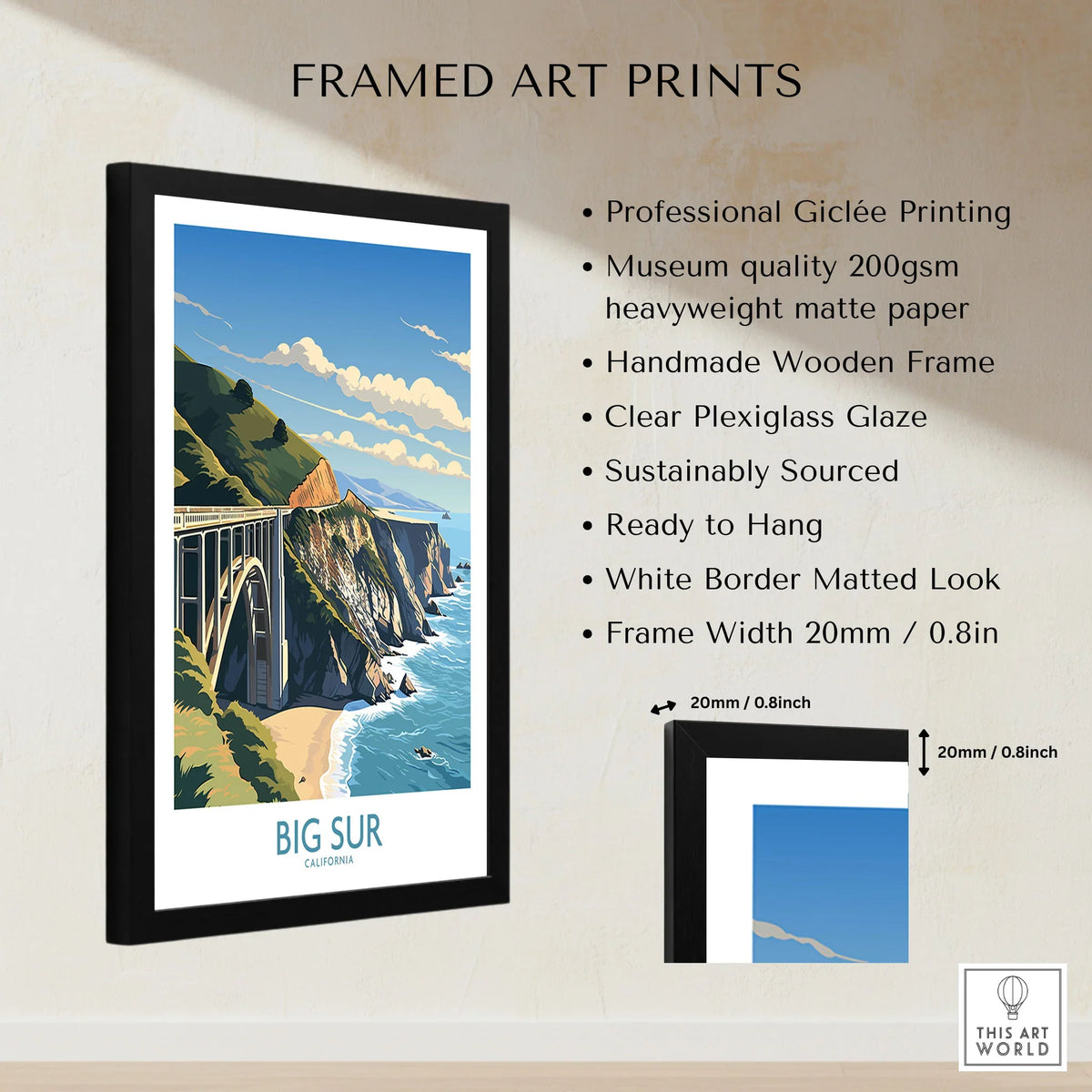 Big Sur Wall Art | Modern Style framed print specifications: handmade wooden frame, clear plexiglass glaze, 20mm frame width, ready to hang