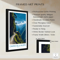 Camino de la Muerte Bolivia Cliff Road Wall Art — the Yungas cliff road curving along a jungle mountainside above the Bolivian Andes, shown as framed print details measurements quality details