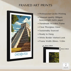 Mexico Chichén Itzá El Castillo Poster Mayan Temple Travel Print Ancient Ruins Wall Art framed print specifications: handmade wooden frame, clear plexiglass glaze, 20mm frame width, ready to hang