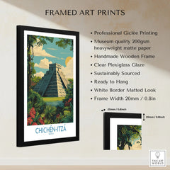 Mexico Chichén Itzá Mayan Pyramid Poster Jungle Ruins Travel Print El Castillo Art framed print specifications: handmade wooden frame, clear plexiglass glaze, 20mm frame width, ready to hang
