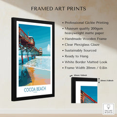 Cocoa Beach Pier Poster - Florida Beach Travel Decor framed print specifications: handmade wooden frame, clear plexiglass glaze, 20mm frame width, ready to hang