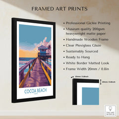 Cocoa Beach Florida Wooden Pier Poster - Golden Hour Sunset Decor framed print specifications: handmade wooden frame, clear plexiglass glaze, 20mm frame width, ready to hang