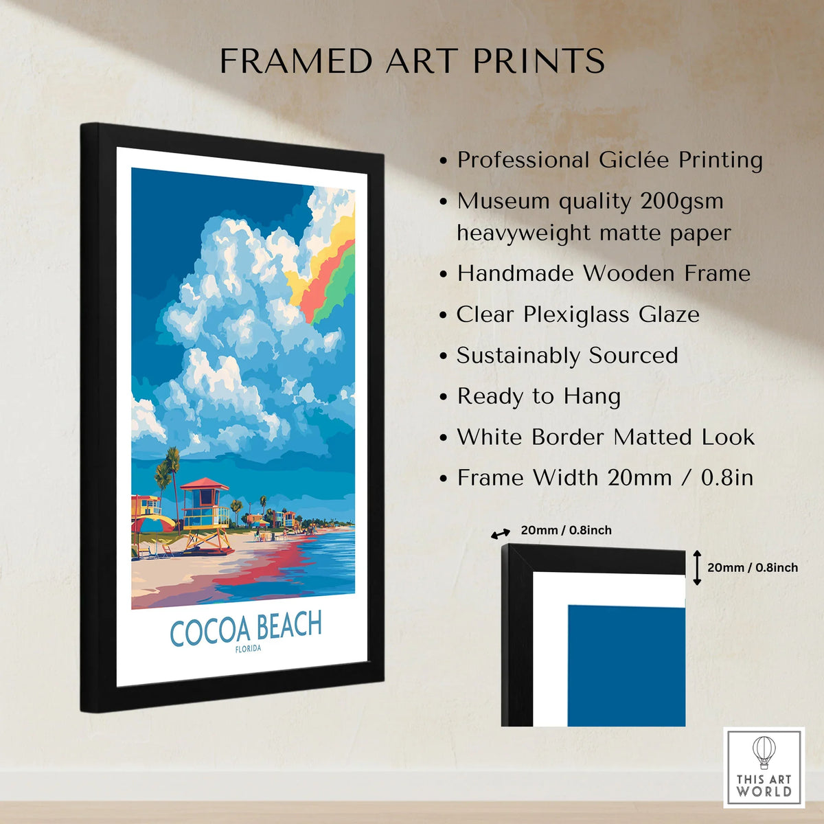 Cocoa Beach Rainbow Cloud Poster - Florida Travel Decor framed print specifications: handmade wooden frame, clear plexiglass glaze, 20mm frame width, ready to hang
