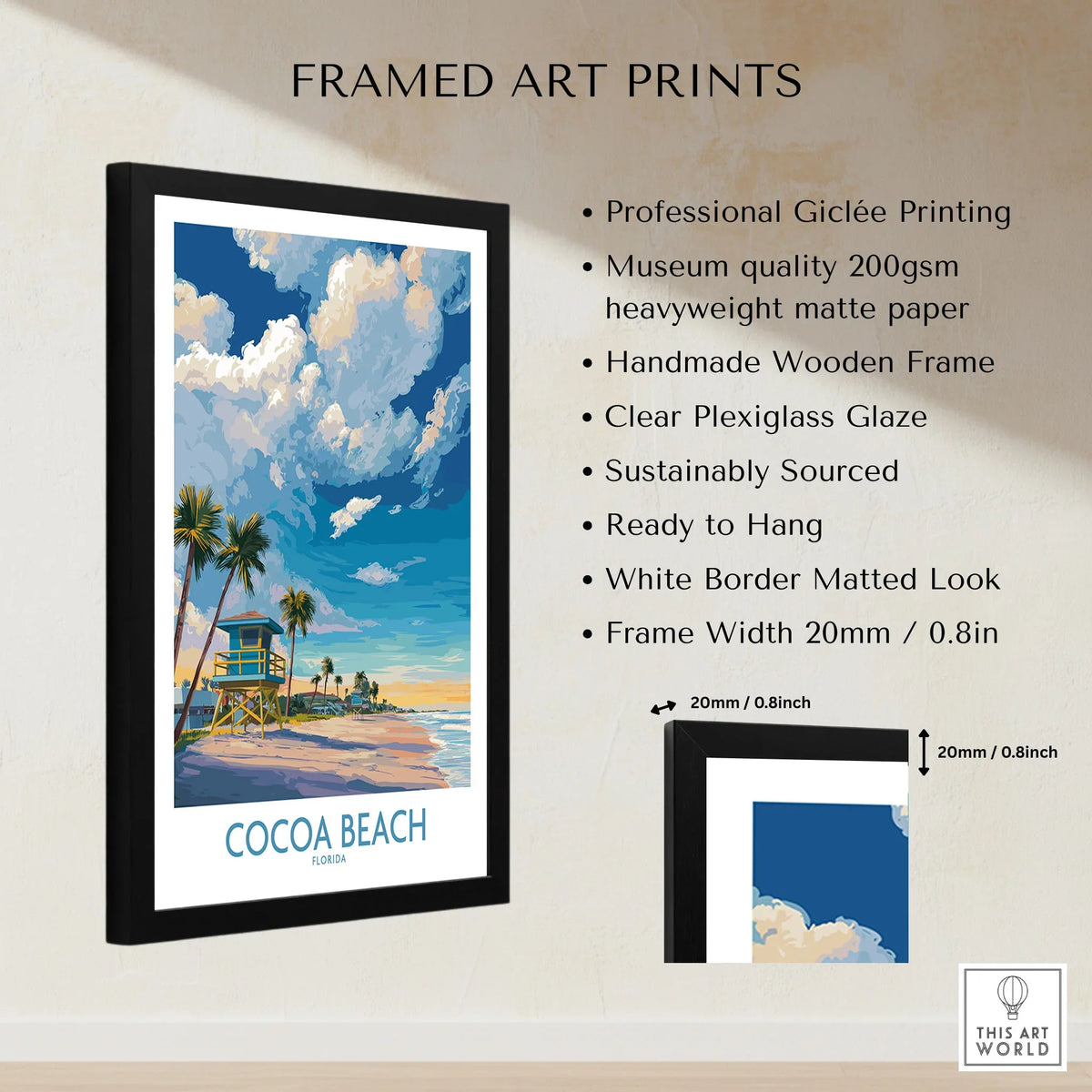 Cocoa Beach Florida Oceanfront Landscape Print - Florida Coast Decor framed print specifications: handmade wooden frame, clear plexiglass glaze, 20mm frame width, ready to hang