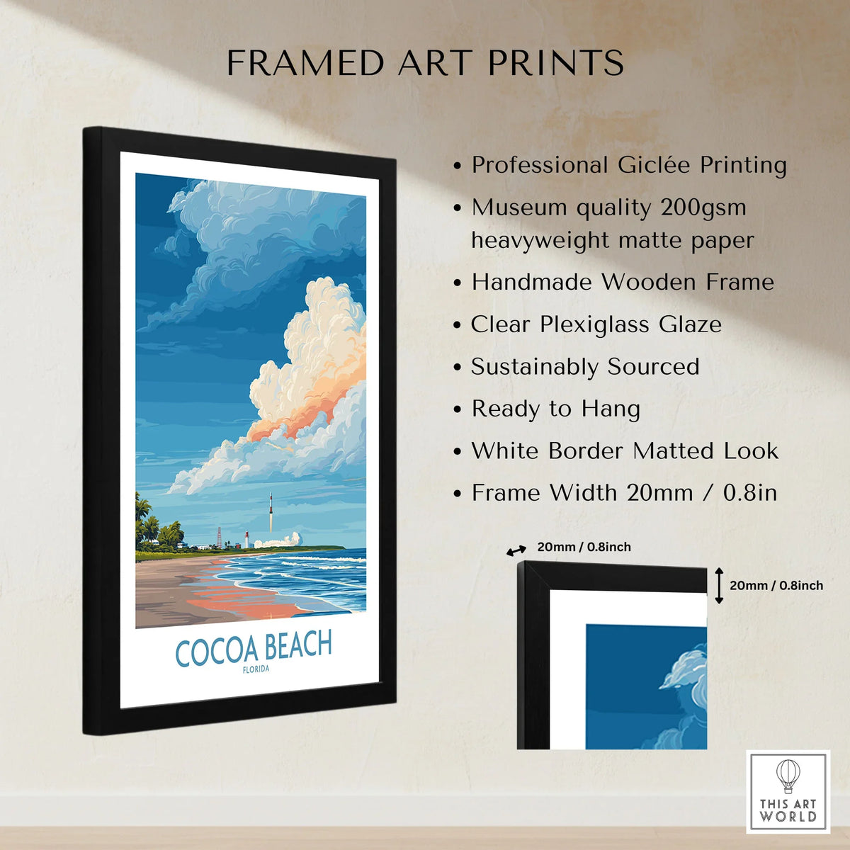 Cocoa Beach Kennedy Space Center Poster - Florida Wall Art Decor framed print specifications: handmade wooden frame, clear plexiglass glaze, 20mm frame width, ready to hang