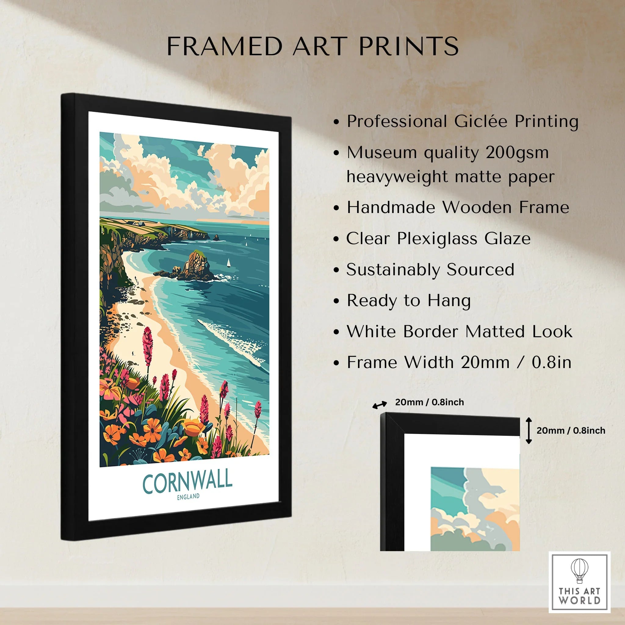 Cornwall Travel Poster - United Kingdom framed print specifications: handmade wooden frame, clear plexiglass glaze, 20mm frame width, ready to hang