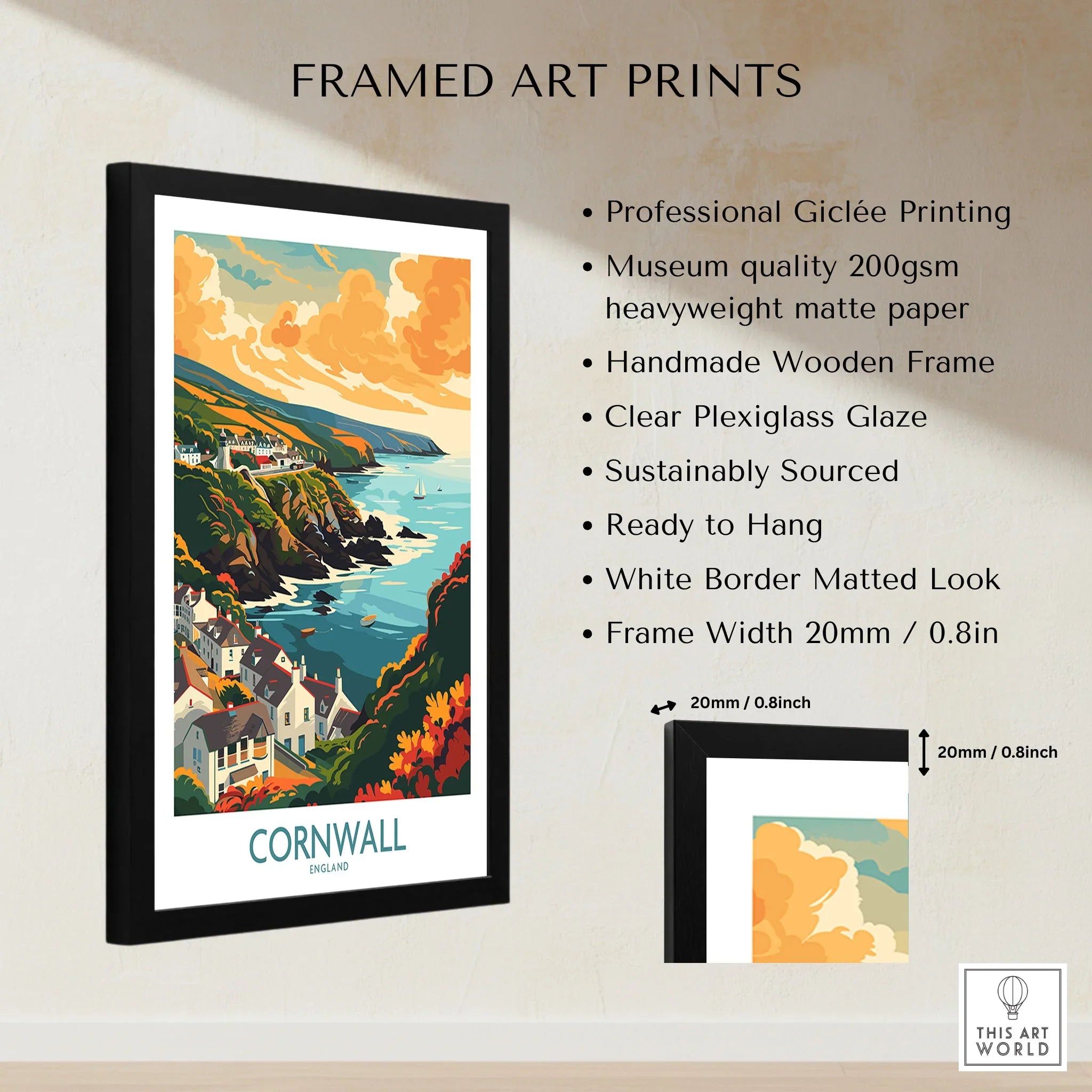 Cornwall Art Print - Modern framed print specifications: handmade wooden frame, clear plexiglass glaze, 20mm frame width, ready to hang