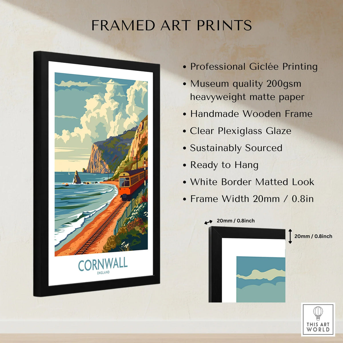 Cornwall Coast Wall Art Print framed print specifications: handmade wooden frame, clear plexiglass glaze, 20mm frame width, ready to hang