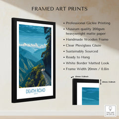 Death Road Bolivia Hiking Trail Art Print | Camino de la Muerte Poster framed print specifications: handmade wooden frame, clear plexiglass glaze, 20mm frame width, ready to hang