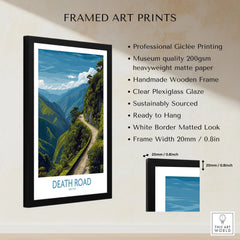 Death Road Bolivia Art Print | Yungas Road Poster framed print specifications: handmade wooden frame, clear plexiglass glaze, 20mm frame width, ready to hang