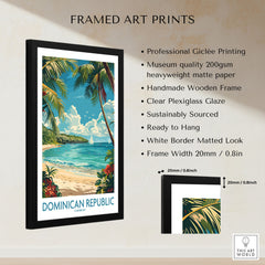 Dominican Republic Poster framed print specifications: handmade wooden frame, clear plexiglass glaze, 20mm frame width, ready to hang