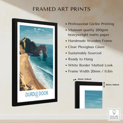 Durdle Door Art Print Dorset Wall Art framed print specifications: handmade wooden frame, clear plexiglass glaze, 20mm frame width, ready to hang