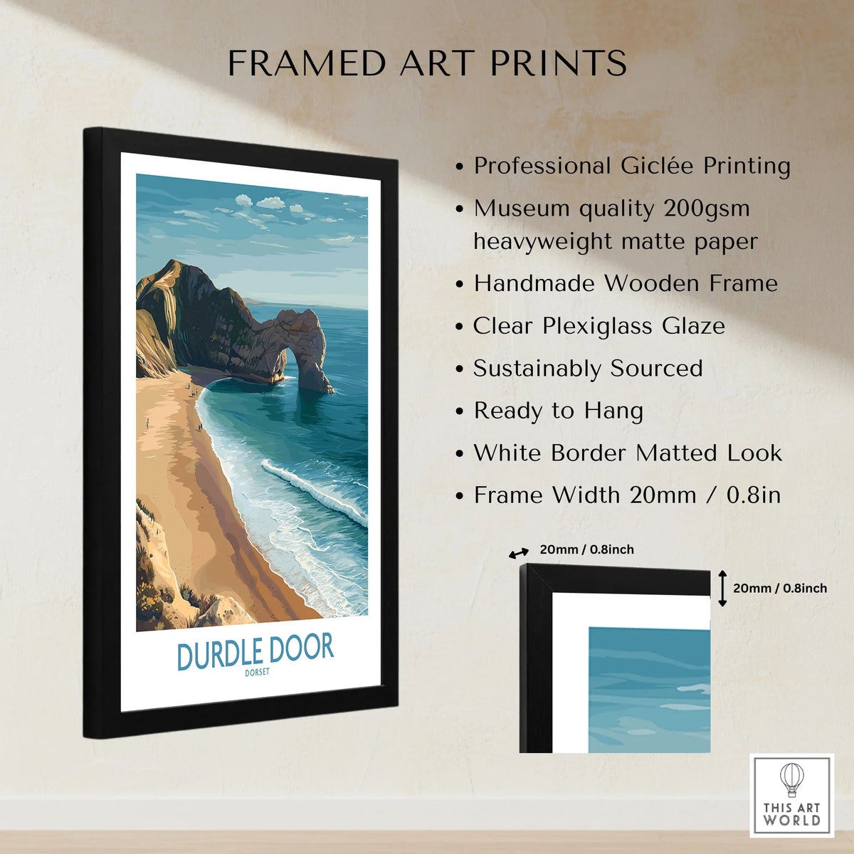 Durdle Door Art Print Dorset Wall Art framed print specifications: handmade wooden frame, clear plexiglass glaze, 20mm frame width, ready to hang