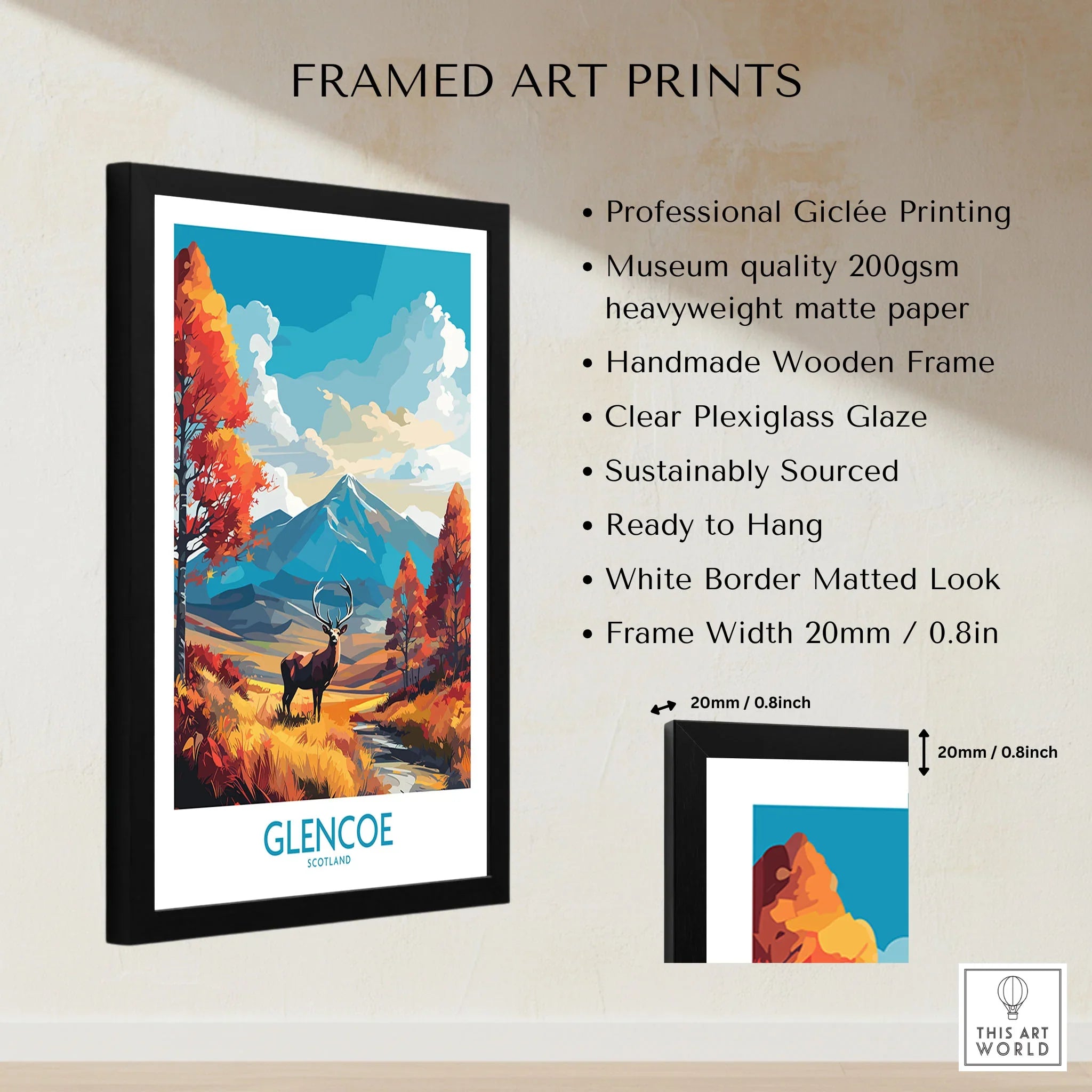 Glencoe Art Print Modern framed print specifications: handmade wooden frame, clear plexiglass glaze, 20mm frame width, ready to hang