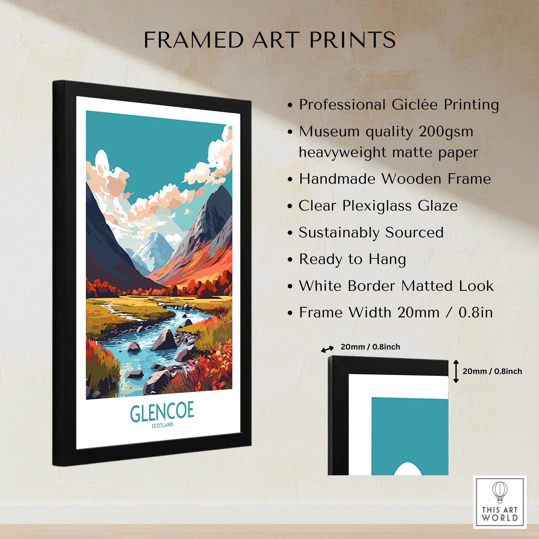 Glencoe Poster Print Modern framed print specifications: handmade wooden frame, clear plexiglass glaze, 20mm frame width, ready to hang