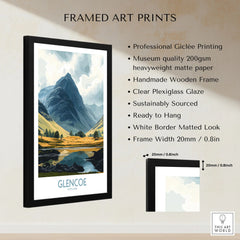 Glencoe Travel Poster framed print specifications: handmade wooden frame, clear plexiglass glaze, 20mm frame width, ready to hang