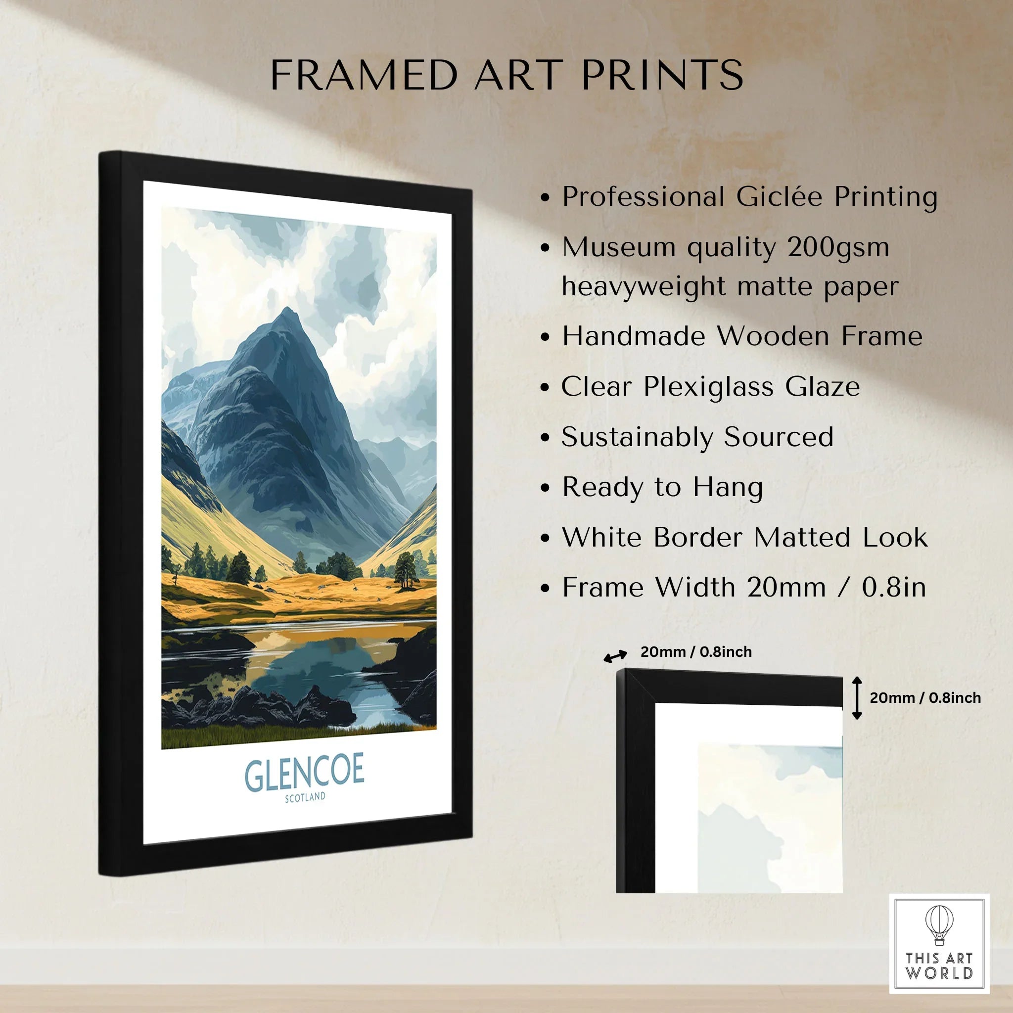 Glencoe Travel Poster framed print specifications: handmade wooden frame, clear plexiglass glaze, 20mm frame width, ready to hang