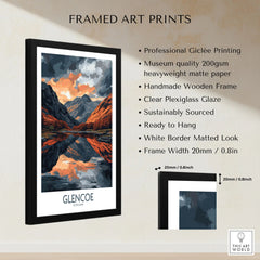 Glencoe Wall Art Poster framed print specifications: handmade wooden frame, clear plexiglass glaze, 20mm frame width, ready to hang