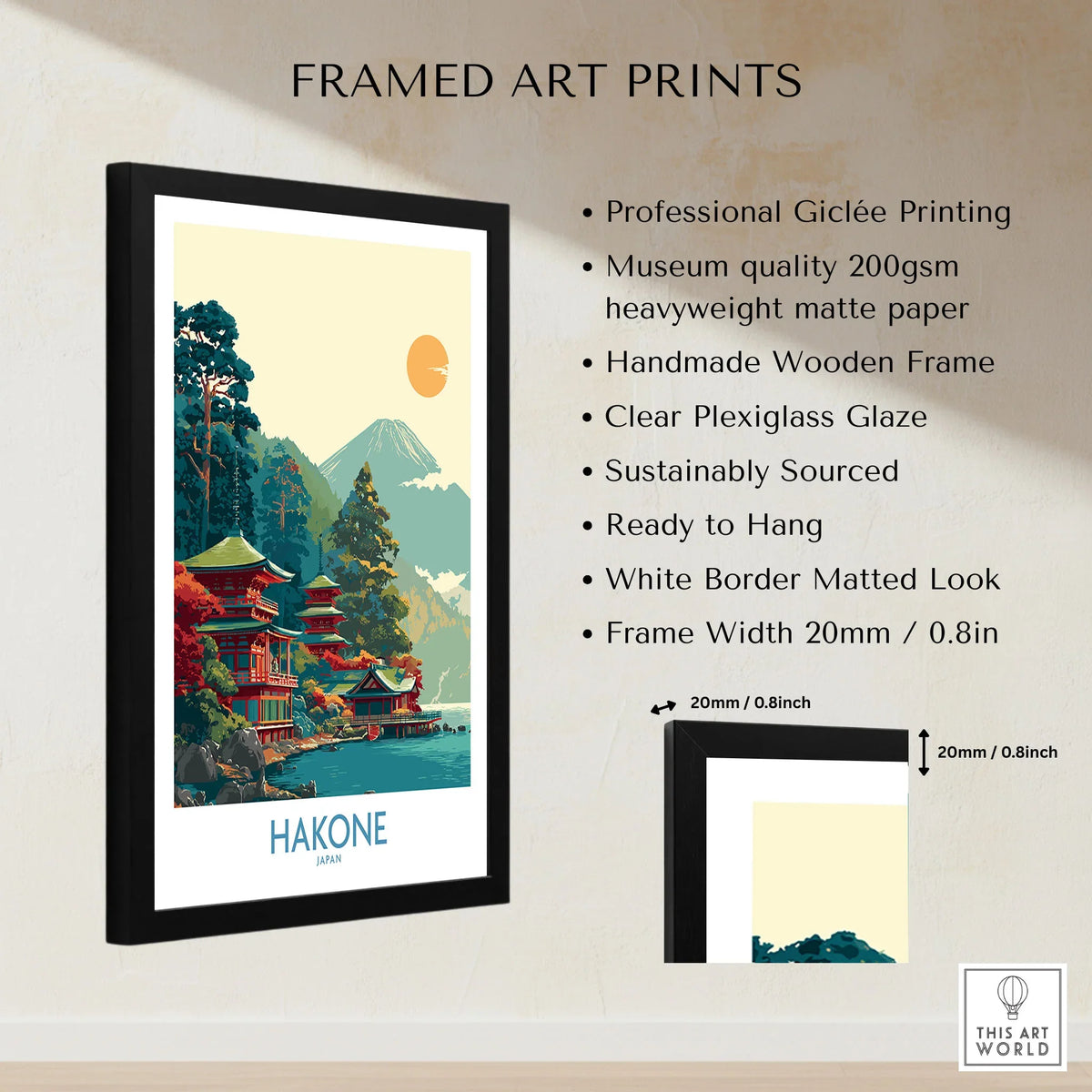 Hakone Japan Lake Ashi Temple Print - Japanese Pagoda Wall Art - Modern framed print specifications: handmade wooden frame, clear plexiglass glaze, 20mm frame width, ready to hang