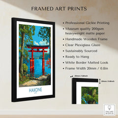 Hakone Japan Iconic Torii Print - Japanese Scenic Landscape Decor framed print specifications: handmade wooden frame, clear plexiglass glaze, 20mm frame width, ready to hang