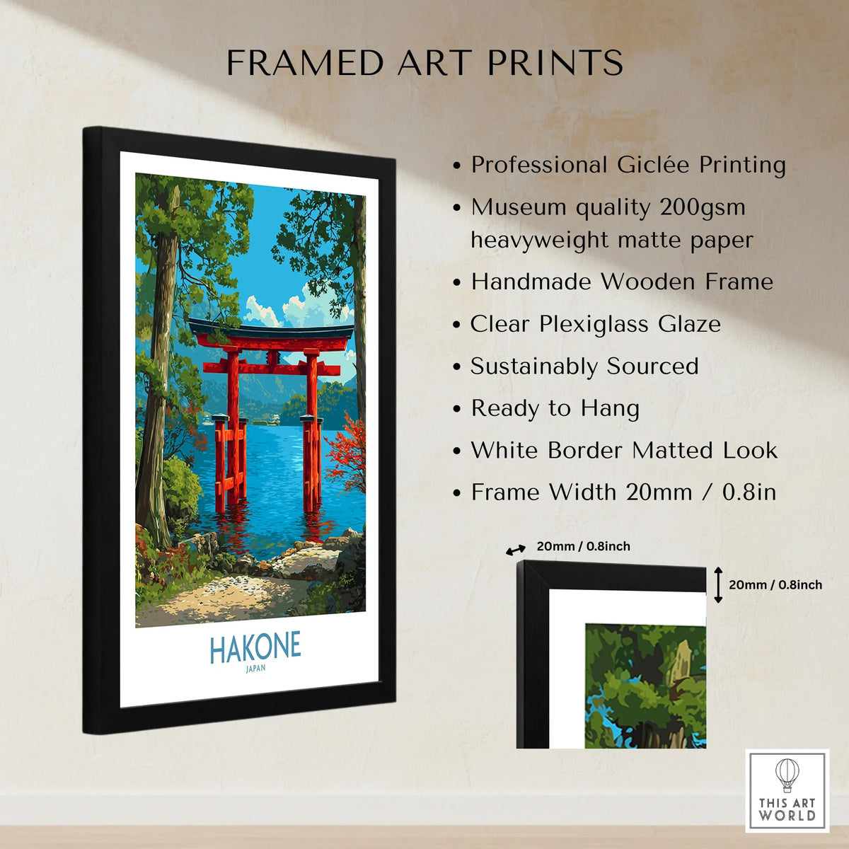 Hakone Japan Iconic Torii Print - Japanese Scenic Landscape Decor framed print specifications: handmade wooden frame, clear plexiglass glaze, 20mm frame width, ready to hang