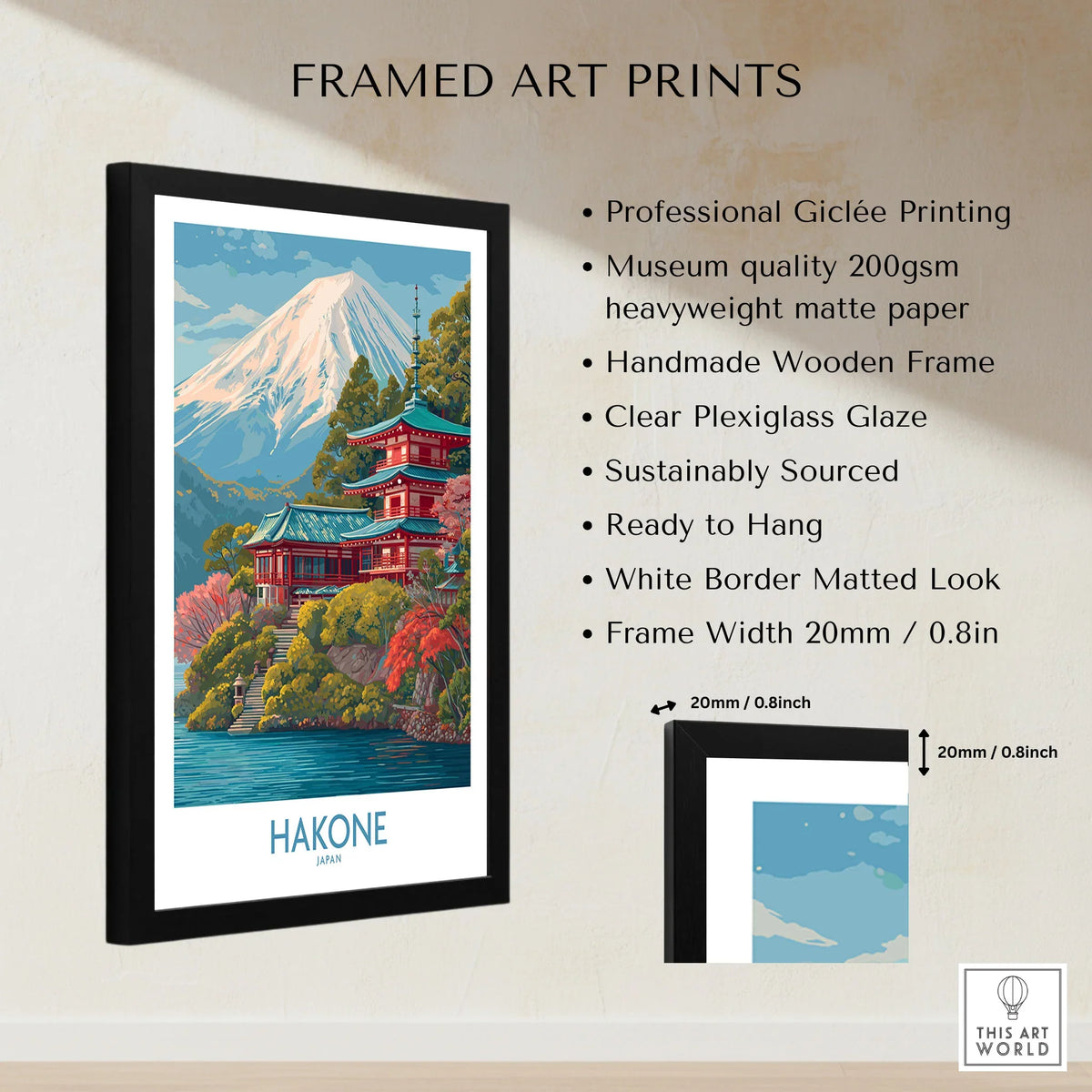 Hakone Japan Wall Art - Japan Travel Print framed print specifications: handmade wooden frame, clear plexiglass glaze, 20mm frame width, ready to hang