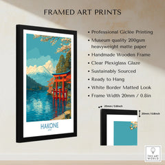 Hakone Wall Art Japan Red Torii Gate Poster framed print specifications: handmade wooden frame, clear plexiglass glaze, 20mm frame width, ready to hang
