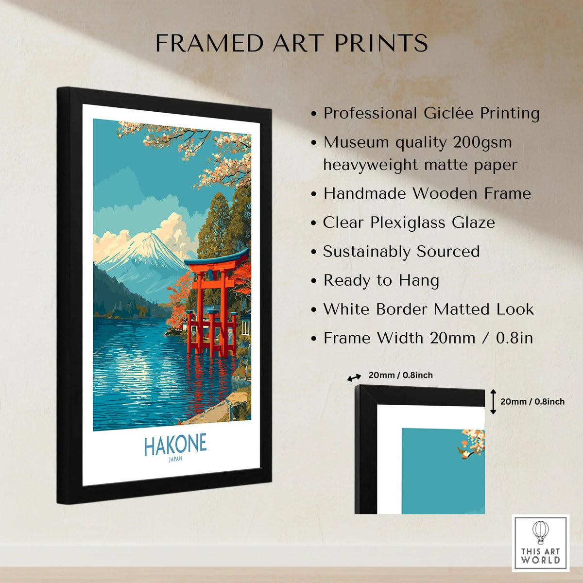 Hakone Wall Art Japan Red Torii Gate Poster framed print specifications: handmade wooden frame, clear plexiglass glaze, 20mm frame width, ready to hang