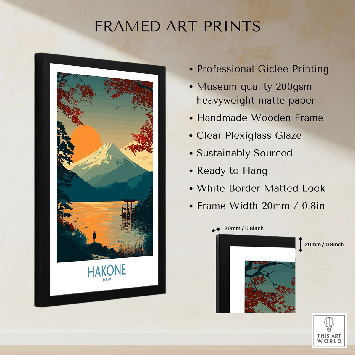 Hakone Japan Wall Art Lake Ashi Print - Japanese Spiritual Poster framed print specifications: handmade wooden frame, clear plexiglass glaze, 20mm frame width, ready to hang
