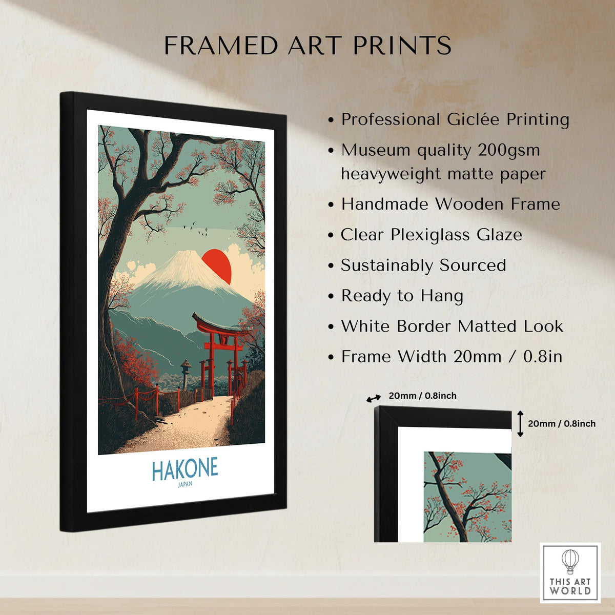 Hakone Japan Peace Gate Shrine Wall Art - Autumn Cherry Blossom Decor framed print specifications: handmade wooden frame, clear plexiglass glaze, 20mm frame width, ready to hang